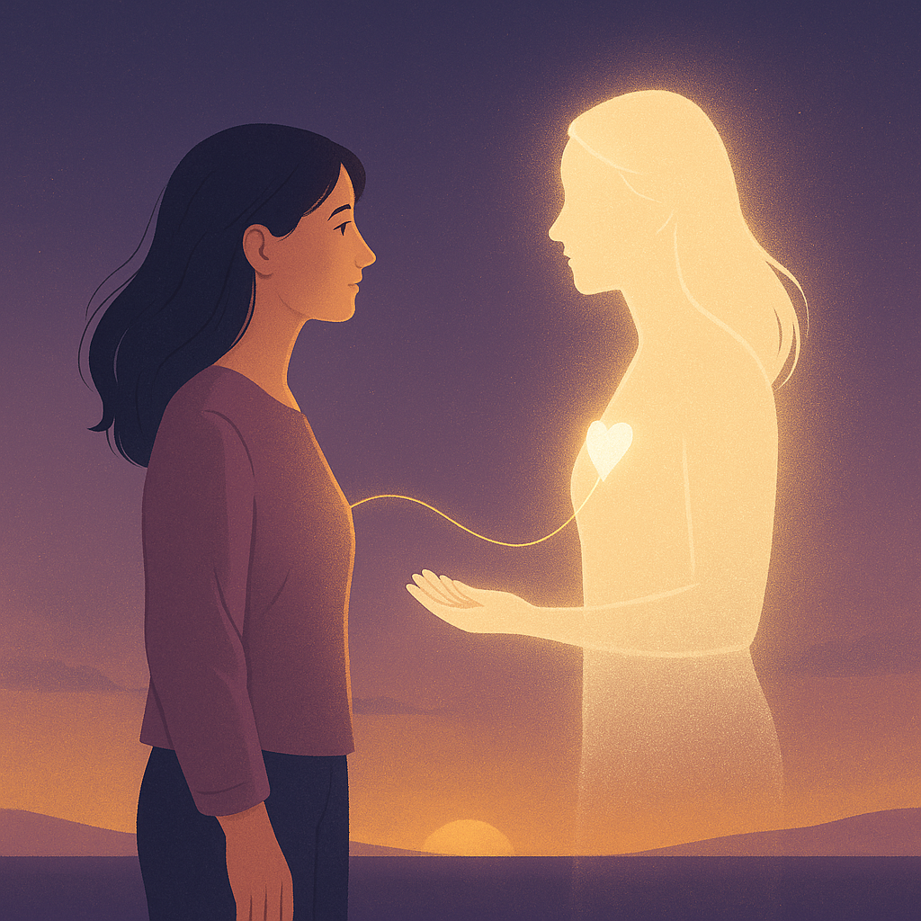 Ilustración de una mujer encontrándose con su doble consciente, símbolo del desdoblamiento del tiempo y de la psicoterapia integradora para sanar el trauma.