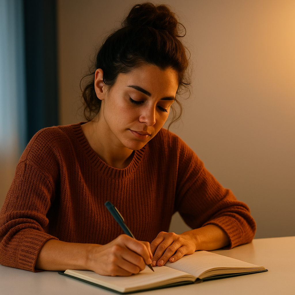 Mujer reflexionando y escribiendo en su cuaderno junto a la ventana durante el atardecer, simbolizando introspección y autoconocimiento.
