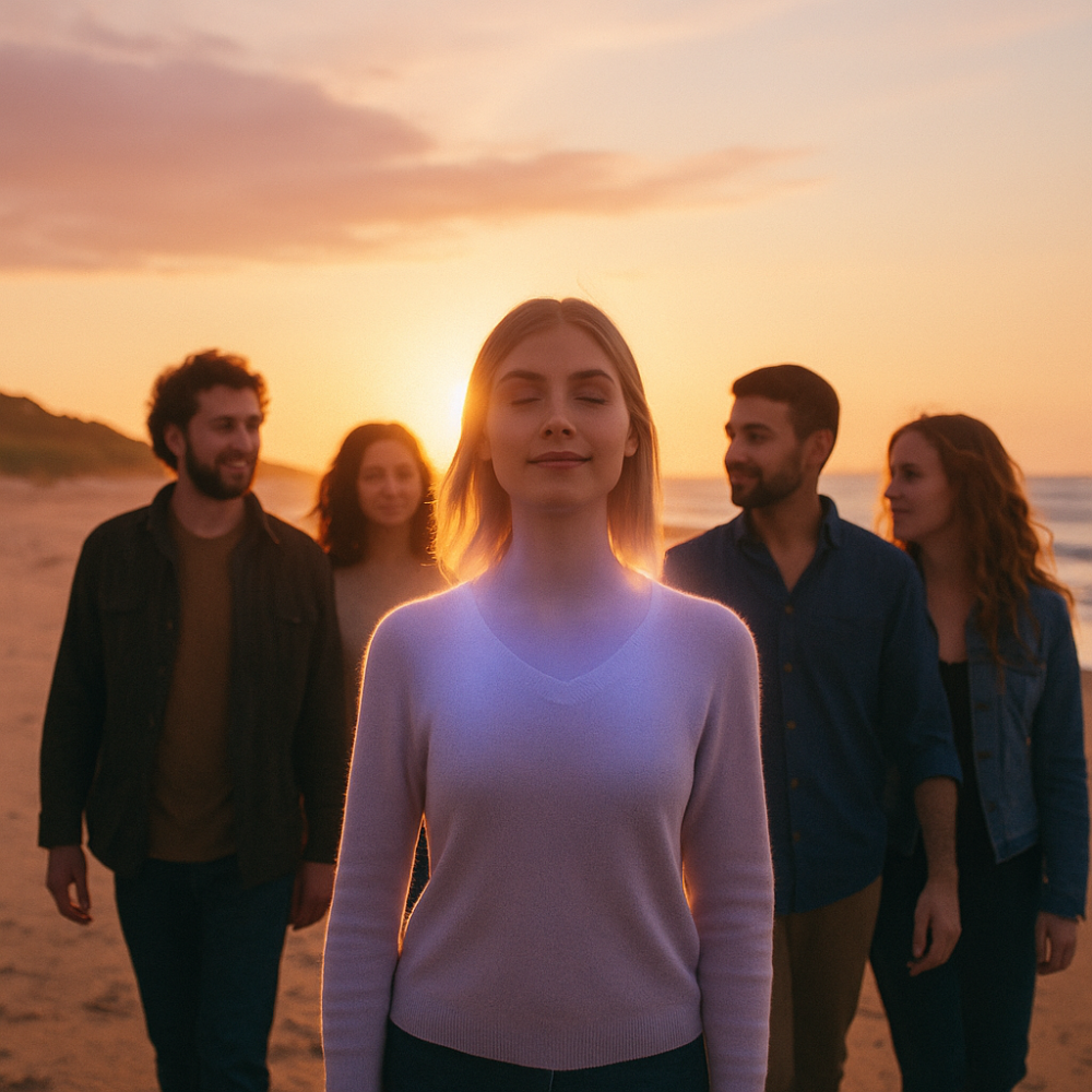 Grupo caminando al atardecer — Ruta del Propósito Esencial